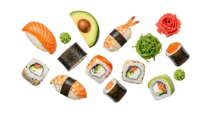 Assorted Sushi Rolls And Nigiri With Condiments On Black