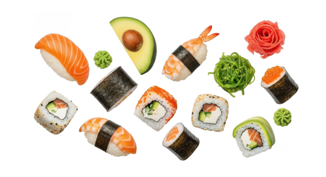 Assorted Sushi Rolls And Nigiri With Condiments On Black