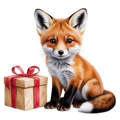 Fototapeta premium Cute fox sitting beside red wrapped Christmas present in winter woodland scene, ideal for festive greeting cards, clipart, and cozy seasonal illustrations.