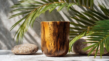 Wooden cup with palm leaves and stones for product presentation mockup