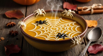 Halloween pumpkin soup bowl with spiderweb cream and plastic spiders on rustic table
