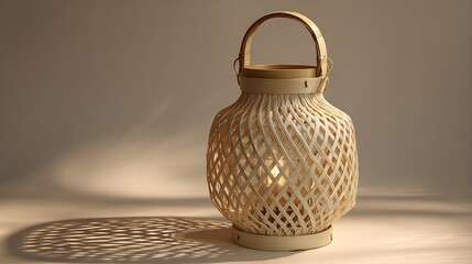 Handmade bamboo lantern casting a shadow isolated on white background