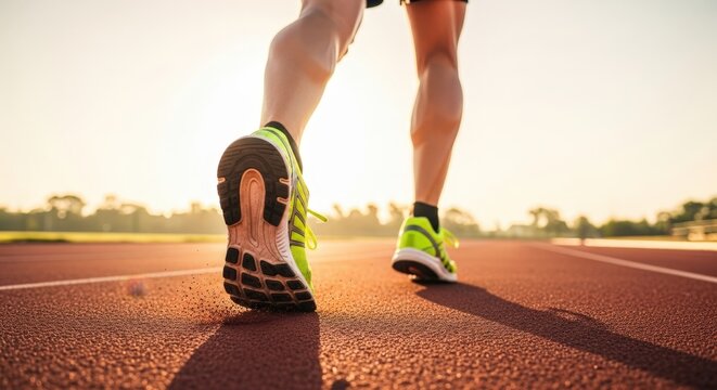 Close-up of a person's legs running on a track during sunset, showcasing athletic footwear and healthy lifestyle