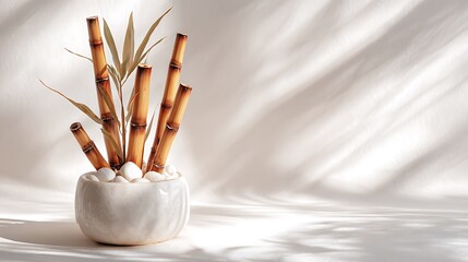 Bamboo arrangement in a white vase isolated on white background