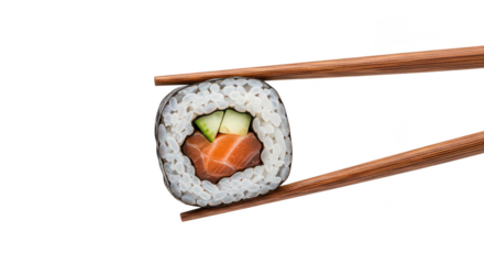 Uramaki Sushi Roll With Salmon Cucumber Held By Chopsticks
