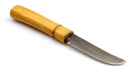 Wooden handled knife isolated on white background, a sharp steel blade tool
