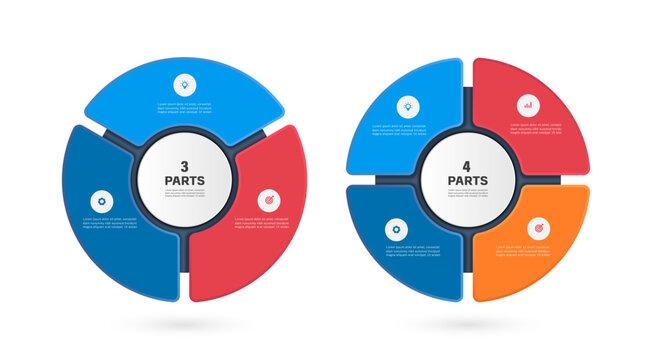 Two circular templates, divided into 3 and 4 sections, for designing infographics about processes or steps in a process, clearly divided into multiple colors, vector isolated for present design