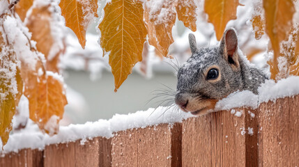 Squirrel perched on snowy fence with autumn leaves in soft light for seasonal nature observation