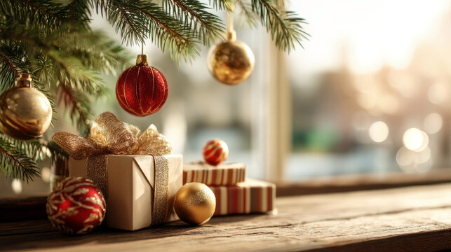 Festive christmas fir branches with gold and red baubles framing gift boxes - Powered by Adobe