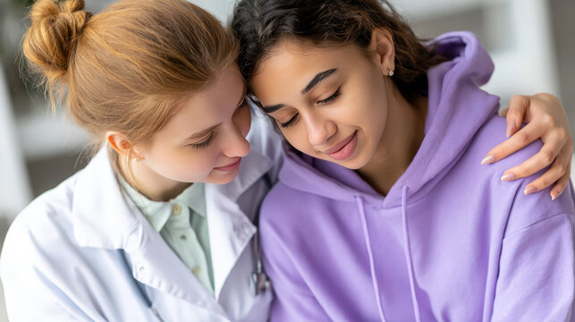 Compassionate female doctor comforting patient in healthcare setting for medical support and care