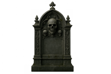 Gothic tombstone with skulls standing, representing death, remembrance, and spooky halloween concepts, transparent background