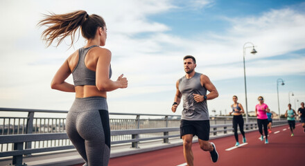 Group of diverse individuals running on a track outdoors, promoting fitness and an active lifestyle