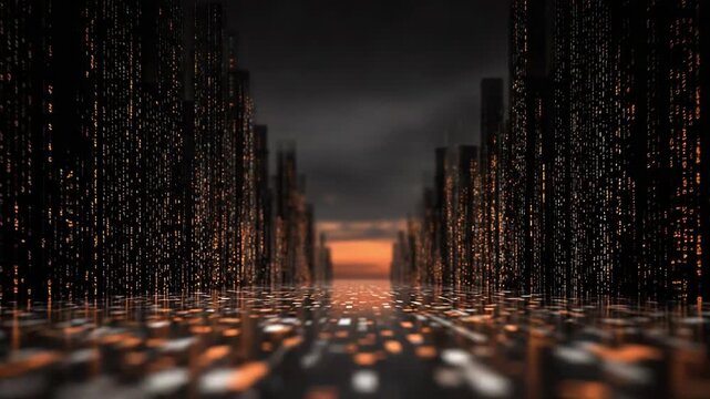 Digital city buildings processing data at sunset - Powered by Adobe