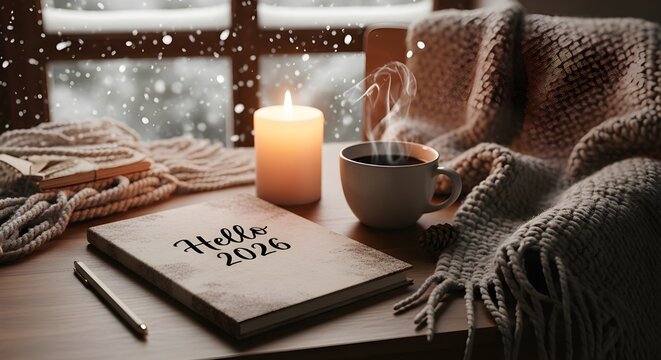 Cozy winter scene with a lit candle, a cup of coffee, and a notebook with the text hello 2026, creating a warm and inviting atmosphere indoors