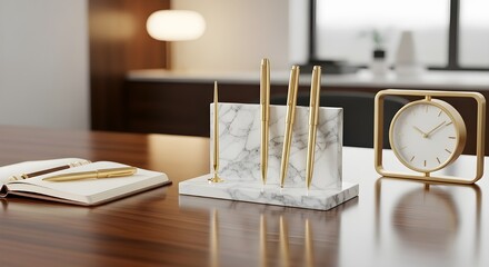 Elegant workspace featuring a marble and gold pen holder, a notebook with a pen, and a stylish clock, all arranged on a polished wooden desk surface