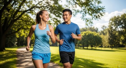 Obraz premium Couple Enjoying a Run Together in a Picturesque Park Setting