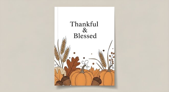 A charming thanksgiving card featuring pumpkins, wheat, and autumn leaves, conveying a warm message of gratitude and blessings - Powered by Adobe