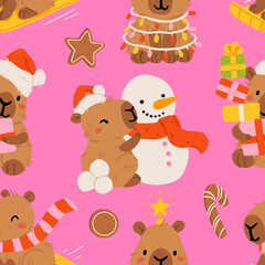 Cute Christmas capybara seamless pattern, funny winter animals with Santa hats, gifts, snowman, Christmas tree, and lights. Cozy holiday background. Flat cartoon vector illustration for New Year
