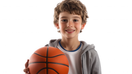 Young boy holding a basketball isolated on transparent background in studio