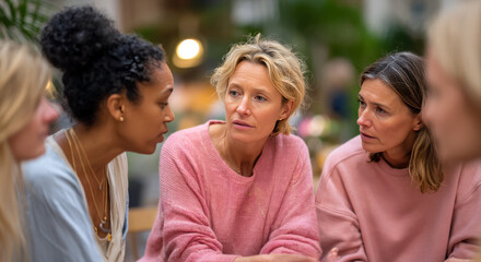 Middle aged women engaged in preventive health classroom discussion by the sea