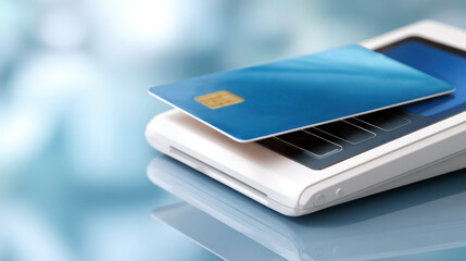 Macro view of sleek white payment terminal with visible blue credit card for modern financial transactions and technology