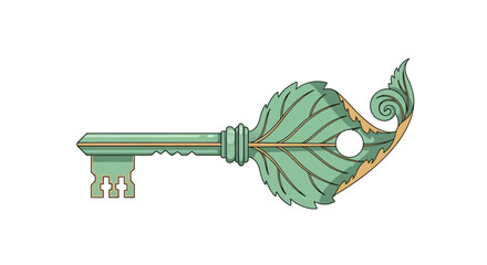 Stylized illustration of an antique key adorned with detailed green leaf patterns, symbolizing access to nature's secrets, growth, and new possibilities