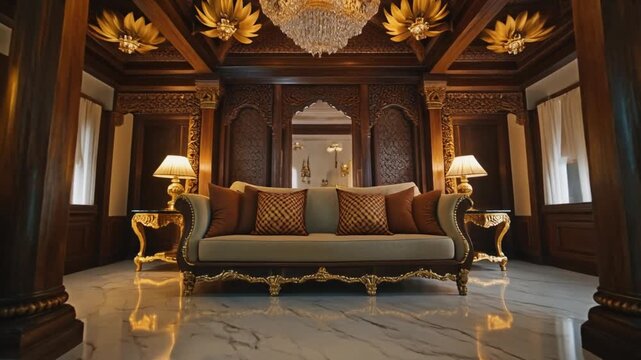 Opulent Palace Interior with Gold Chandelier and Carved Wood