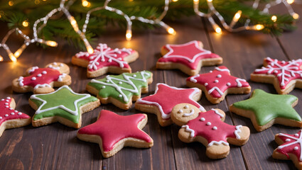 Assorted festive gingerbread and star cookies for holiday celebrations displayed on wooden surface with christmas lights