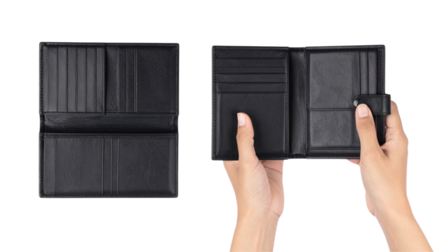 Set of Open Black Wallets Displayed in Hands isolated on transparent background