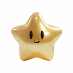 Cute chubby golden star with smiling face and shiny metallic surface isolated on transparent background