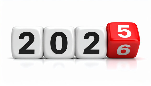 Set of dice displays transition from 2025 to 2026, symbolizing passage of time and arrival of new year. dice are white with black numbers, except for last one, which is red