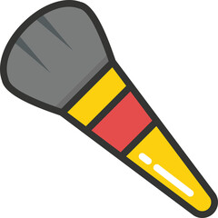 A makeup brush with gray bristles and a yellow handle accented by red and yellow bands on a transparent background