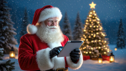 Festive santa claus using tablet with christmas tree and snowfall for holiday celebration