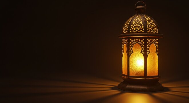 Ornate lantern with intricate metalwork and warm glowing light, casting shadows in the dark.