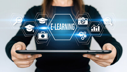 Person Holding Tablet with E- Learning Interface and Hexagonal Digital Icons  e-learning, education, tablet