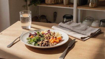 Freshly plated salad and water glass sit on a wooden table in soft sunlight near shelves