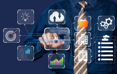 AI agent analyzing data and generating reports. Artificial intelligence and intelligent automation IA technology. Businessman using virturl technology  to give instructions to AI  in  workplace.