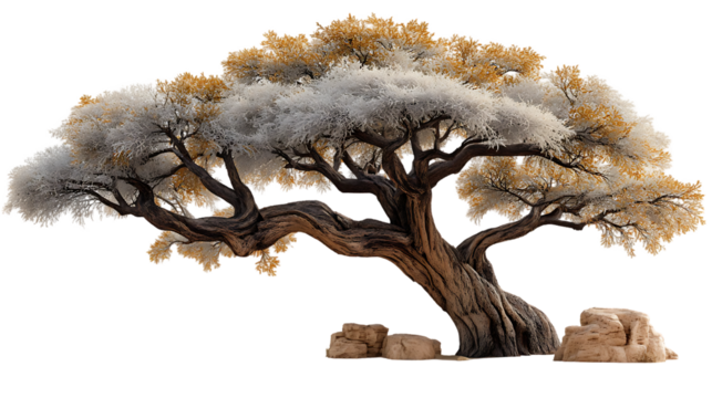 Discover the stunning ancient gnarled tree with a unique golden and frosted foliage, a captivating symbol of resilience and natural beauty, perfect for environmental themes.