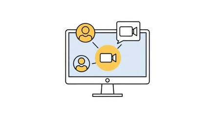 Online meetings and video conference communication concept represented with computer display and