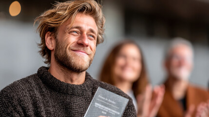 Jubilant young man with trophy celebrating achievement at event, surrounded by applauding audience