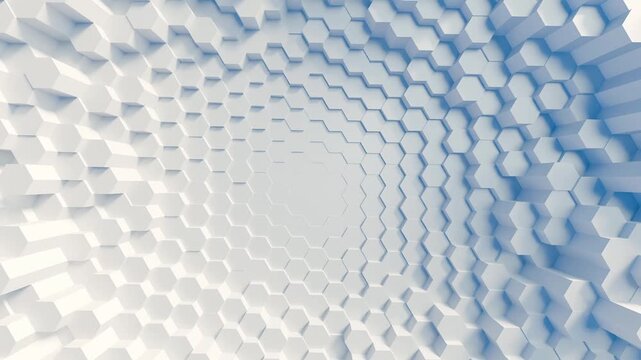  Wall of hexagons  background template repeating animation pattern, different levels and depth. Place for logo or product design. Backdrop for studio designs. White blue color mosaic perspective