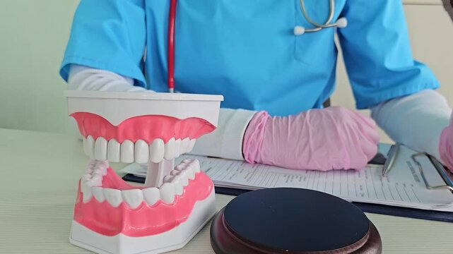 Dentist discusses legal issues related to patient care and dental practice in a clinical setting