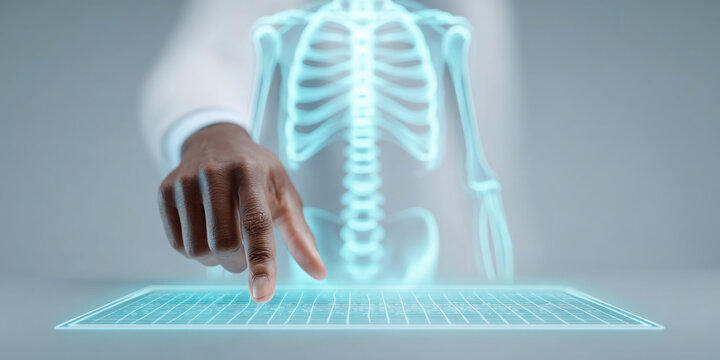 Dark skinned hand interacts with a futuristic blue holographic interface on a desk A glowing translucent human skeleton appears behind the hand indicating advanced medical - Powered by Adobe
