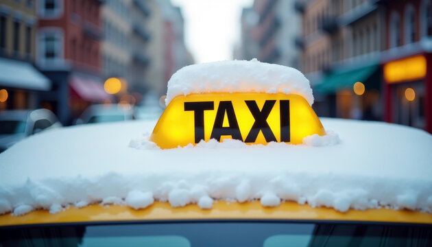 Winter taxi ride with snow-covered roof in urban setting for city transport and travel during cold season