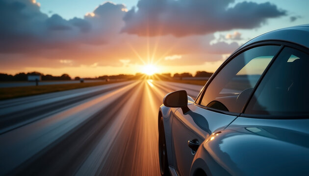 Hyper-realistic motion blur of racetrack with dramatic sunset sky for high fidelity display