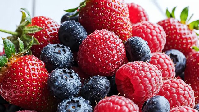 Close Up of Fresh Strawberries, Raspberries, and Blueberries With Water Droplets
