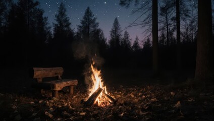Night scene of a campfire with a rustic bench in a forest setting, under a starry sky