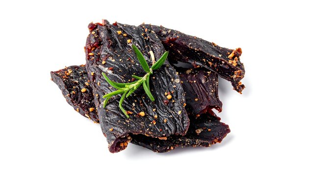 Close-up of dried meat snacks, seasoned and garnished
