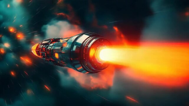 Futuristic spaceship flying through dark space with powerful engine thrust