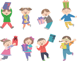 プレゼントをもらって喜ぶ子どものセット